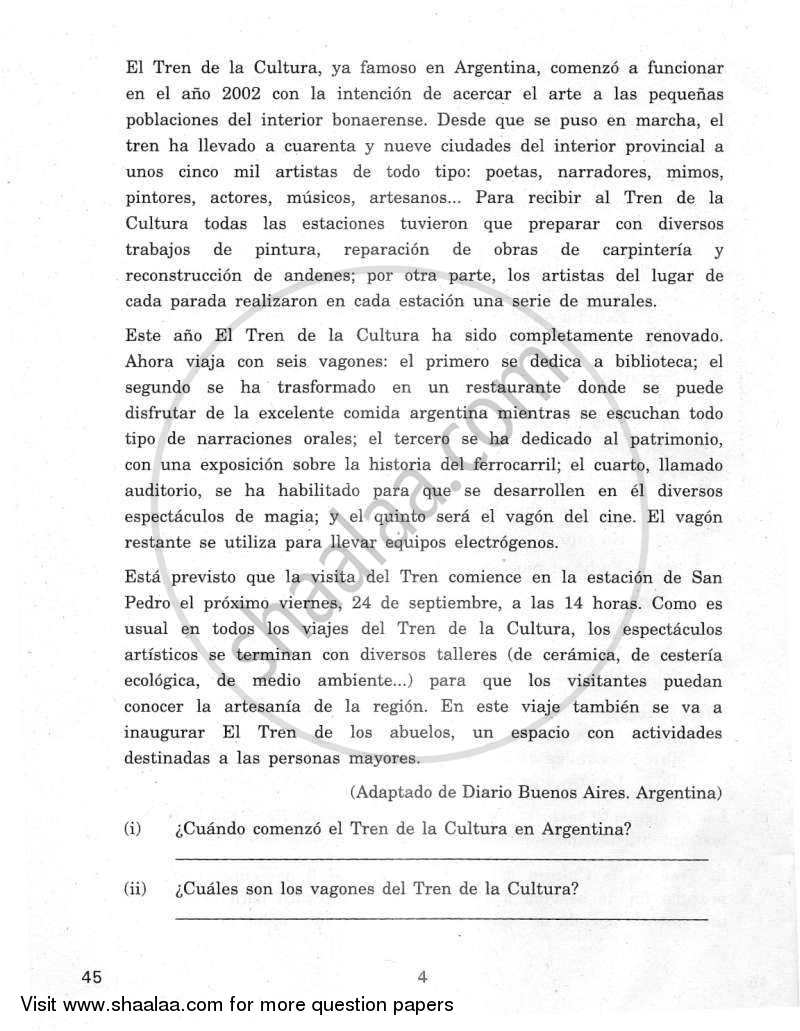 Spanish 2011-2012 Class 10 - CBSE (Central Board of Secondary Education) question paper with PDF download