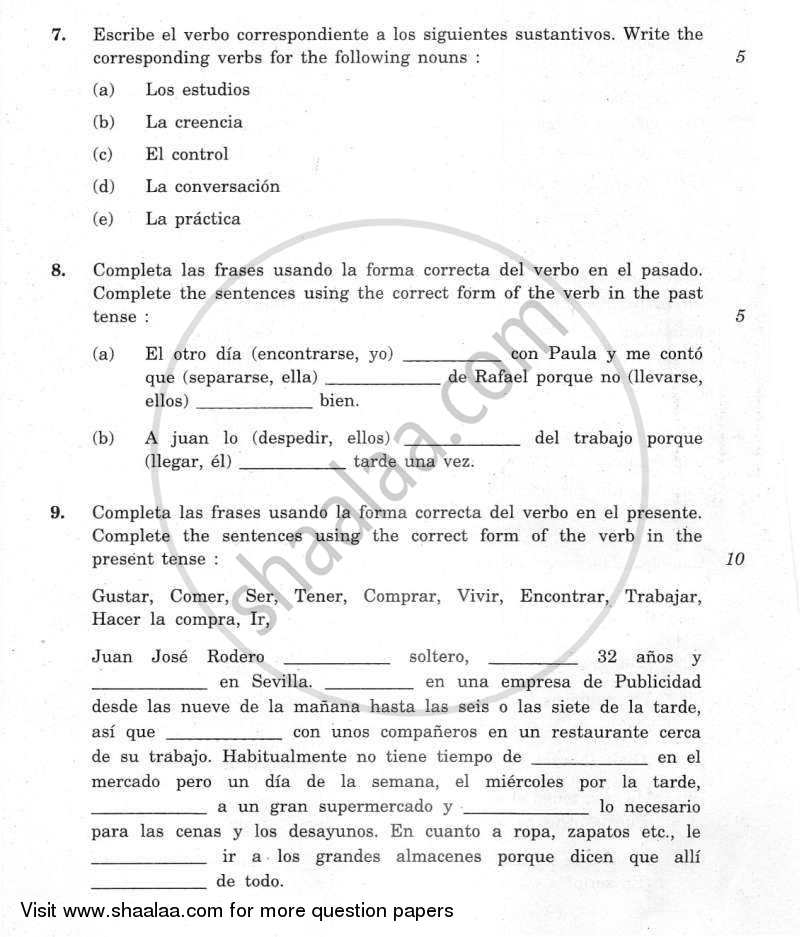 Spanish 2011-2012 Class 10 - CBSE (Central Board of Secondary Education) question paper with PDF download