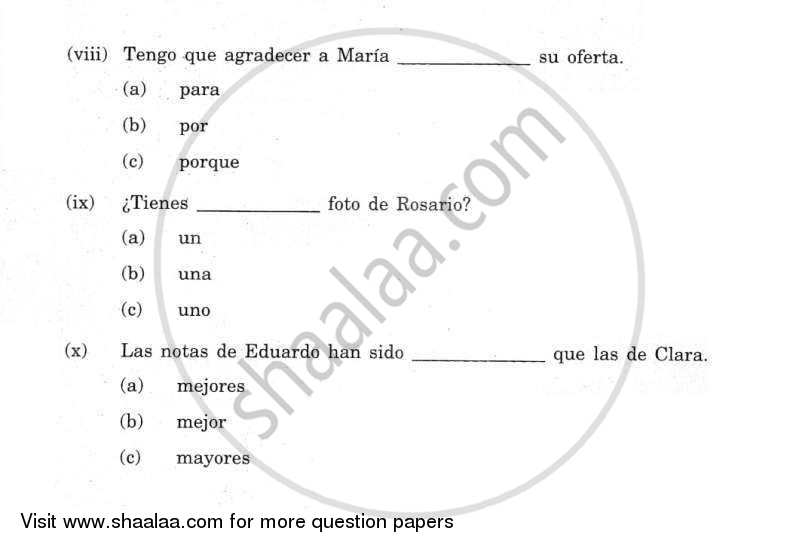 Spanish 2011-2012 Class 10 - CBSE (Central Board of Secondary Education) question paper with PDF download