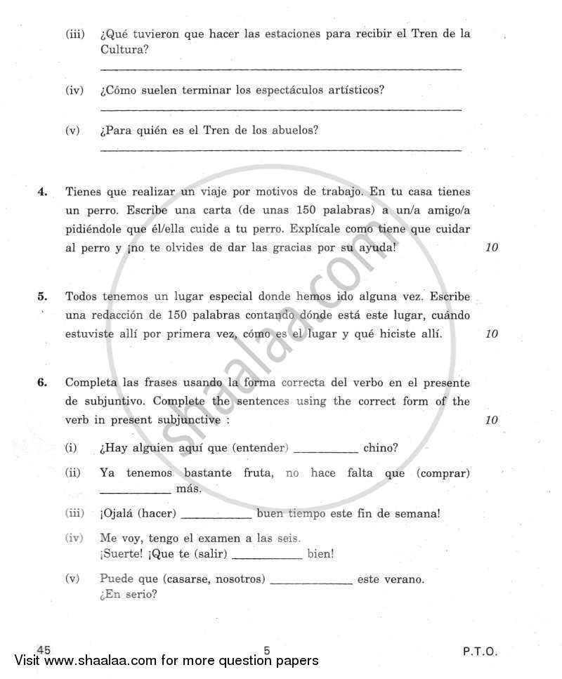Spanish 2011-2012 Class 10 - CBSE (Central Board of Secondary Education) question paper with PDF download