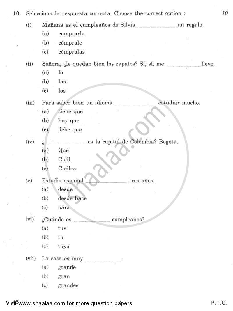 Spanish 2011-2012 Class 10 - CBSE (Central Board of Secondary Education) question paper with PDF download