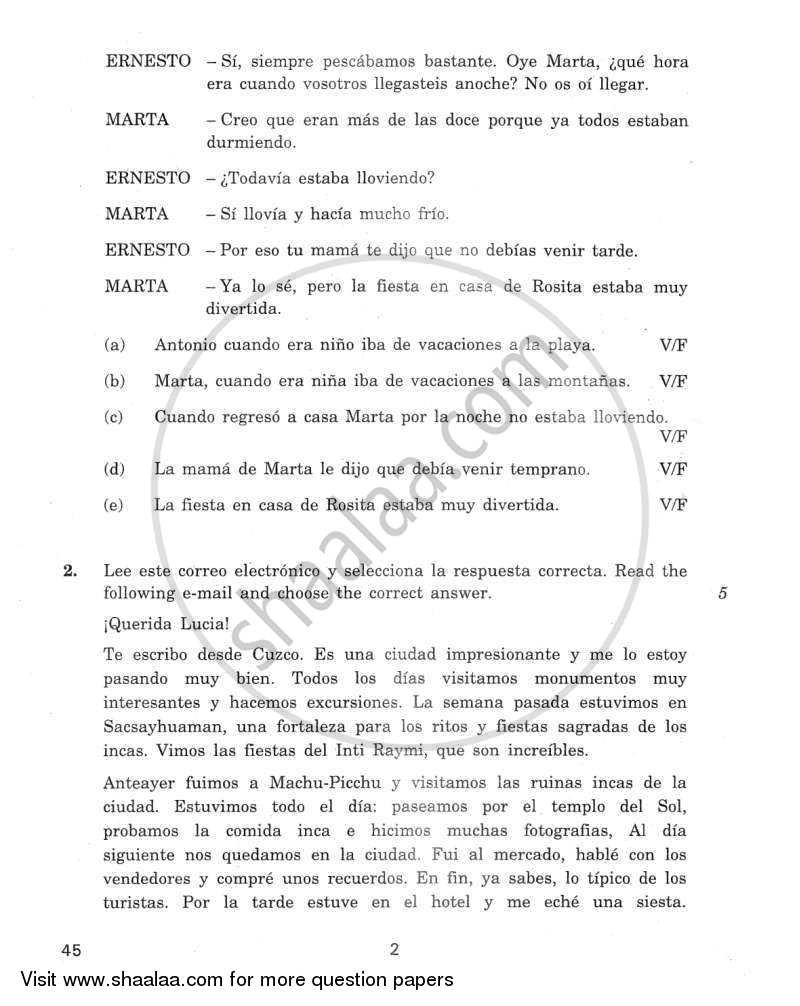 Spanish 2011-2012 Class 10 - CBSE (Central Board of Secondary Education) question paper with PDF download