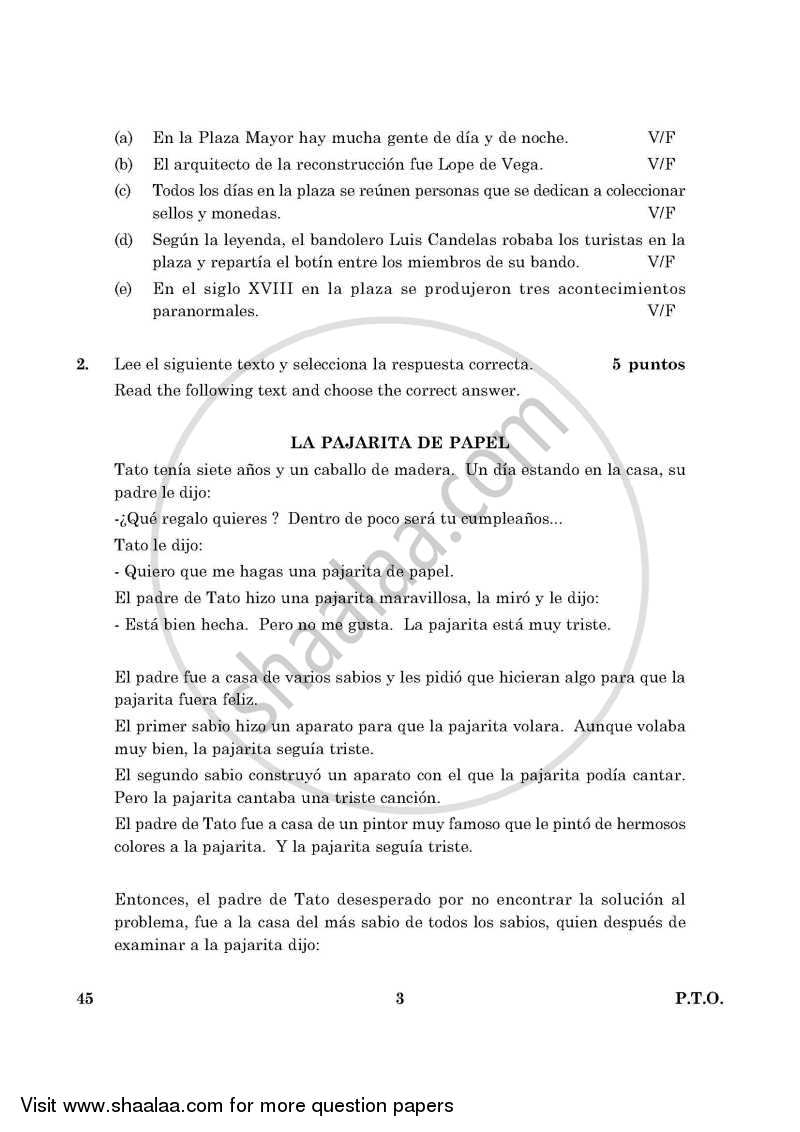 Spanish 2015-2016 Class 10 - CBSE (Central Board of Secondary Education) question paper with PDF download