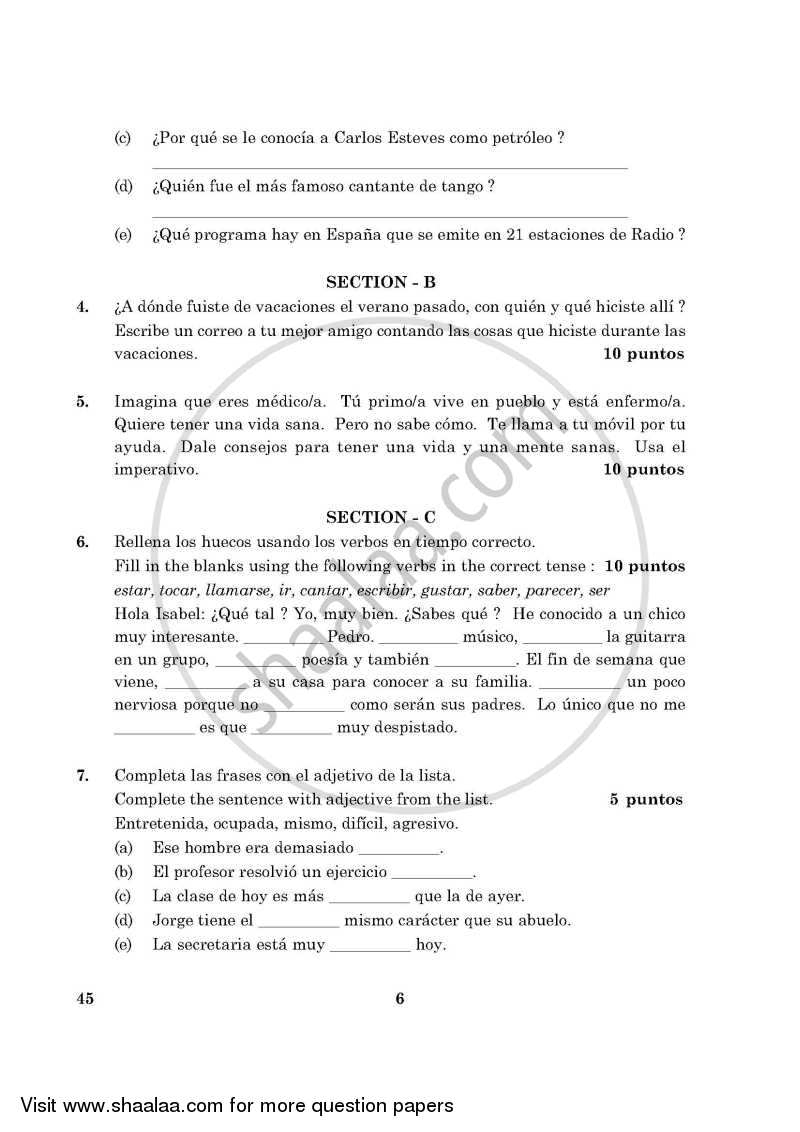 Spanish 2015-2016 Class 10 - CBSE (Central Board of Secondary Education) question paper with PDF download