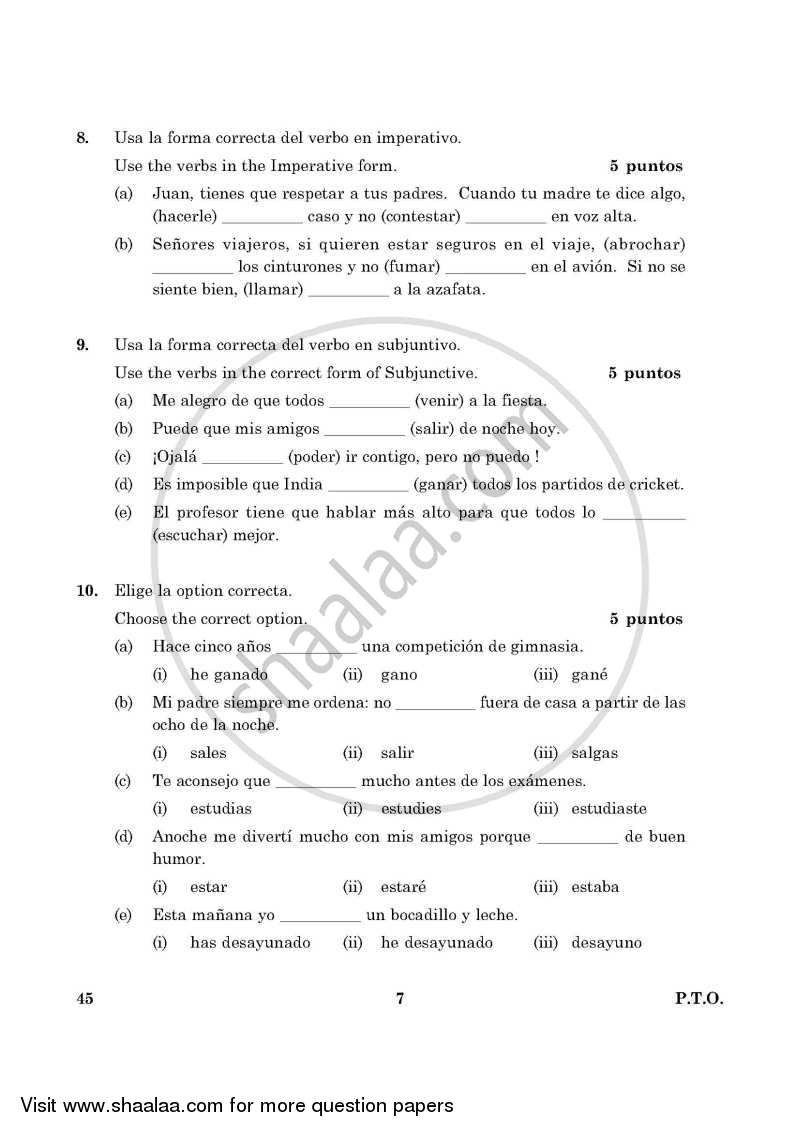 Spanish 2015-2016 Class 10 - CBSE (Central Board of Secondary Education) question paper with PDF download