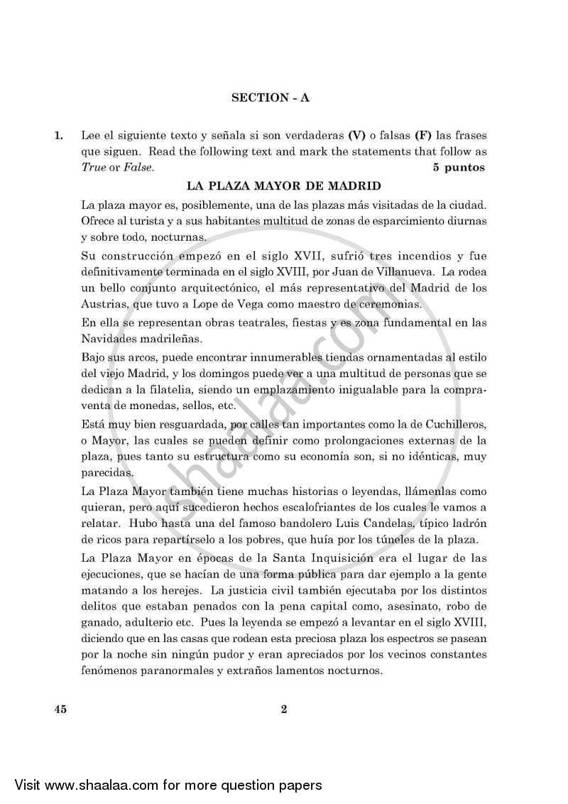 Spanish 2015-2016 Class 10 - CBSE (Central Board of Secondary Education) question paper with PDF download