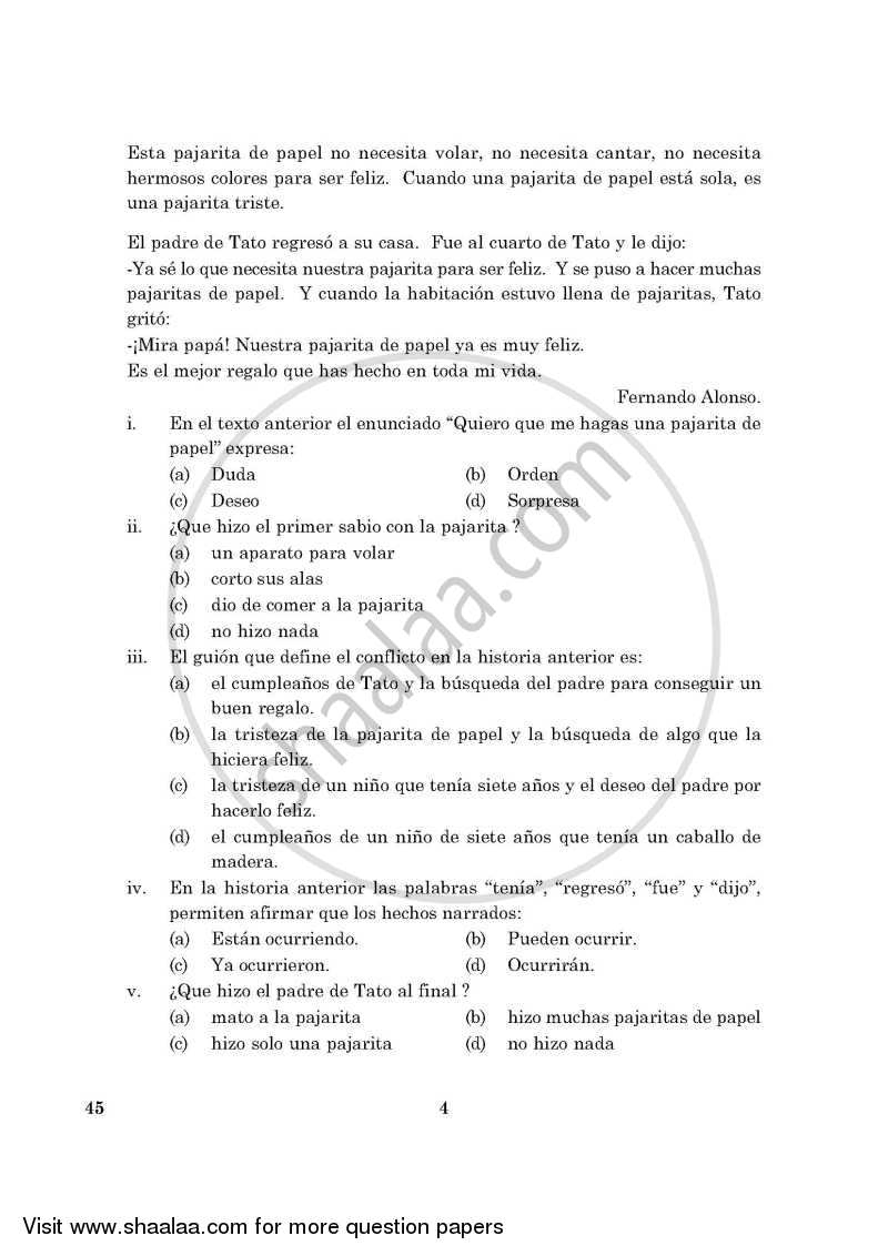 Spanish 2015-2016 Class 10 - CBSE (Central Board of Secondary Education) question paper with PDF download