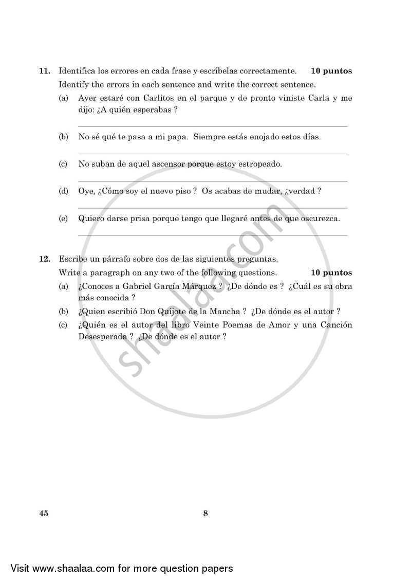 Spanish 2015-2016 Class 10 - CBSE (Central Board of Secondary Education) question paper with PDF download