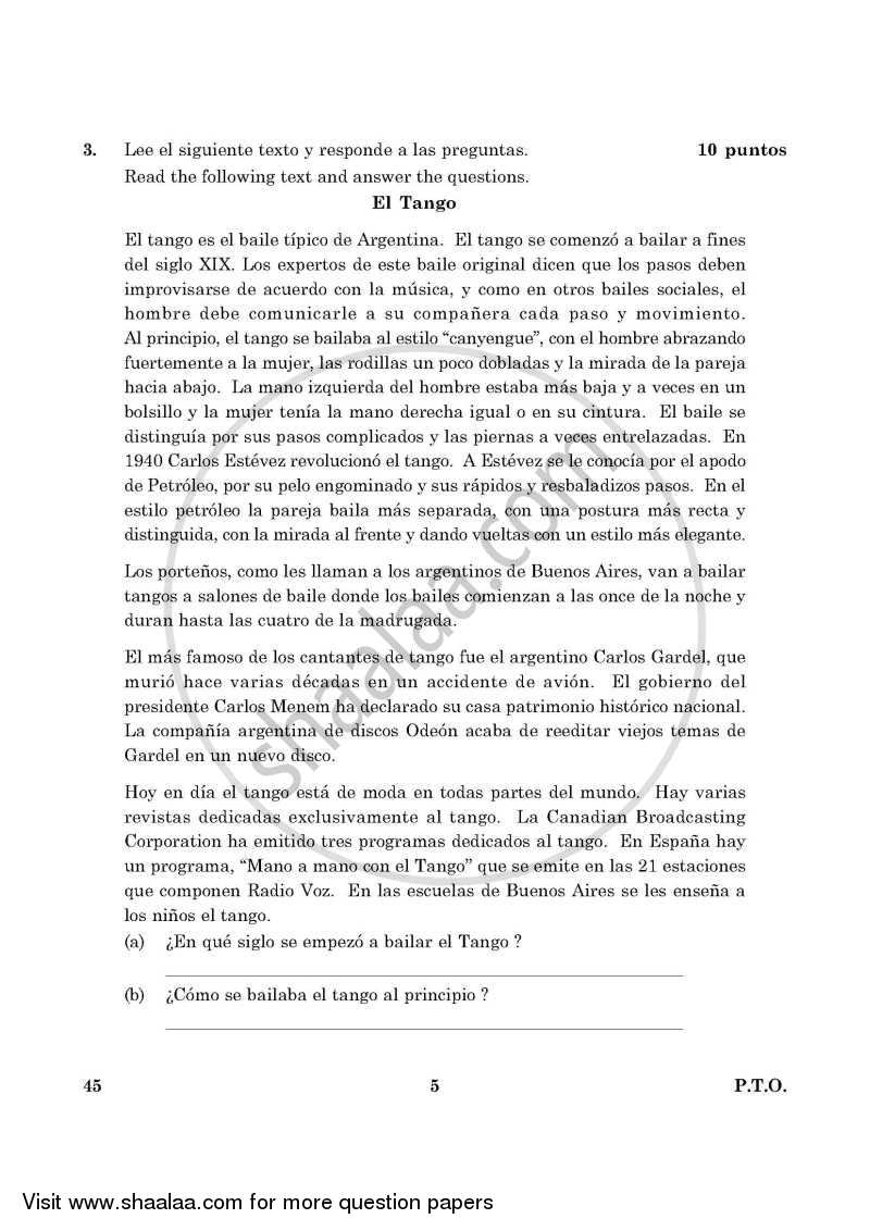 Spanish 2015-2016 Class 10 - CBSE (Central Board of Secondary Education) question paper with PDF download