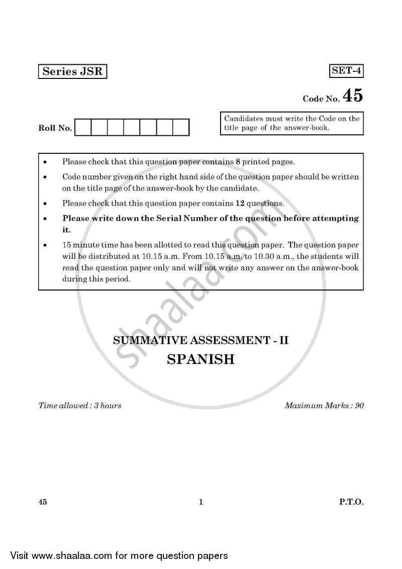 Spanish 2015-2016 Class 10 - CBSE (Central Board of Secondary Education) question paper with PDF download