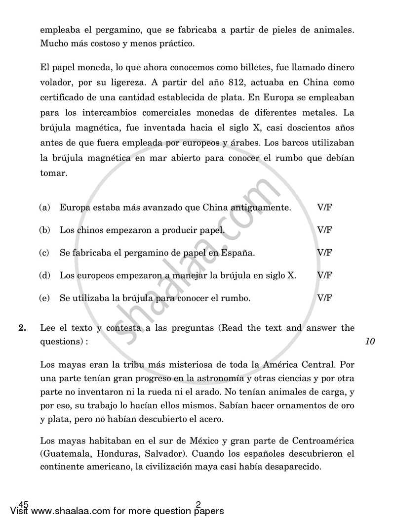 Spanish 2016-2017 Class 10 - CBSE (Central Board of Secondary Education) question paper with PDF download