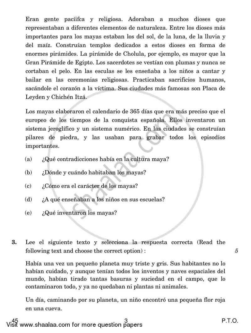 Spanish 2016-2017 Class 10 - CBSE (Central Board of Secondary Education) question paper with PDF download