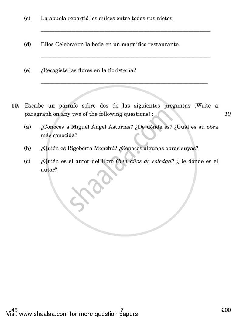 Spanish 2016-2017 Class 10 - CBSE (Central Board of Secondary Education) question paper with PDF download