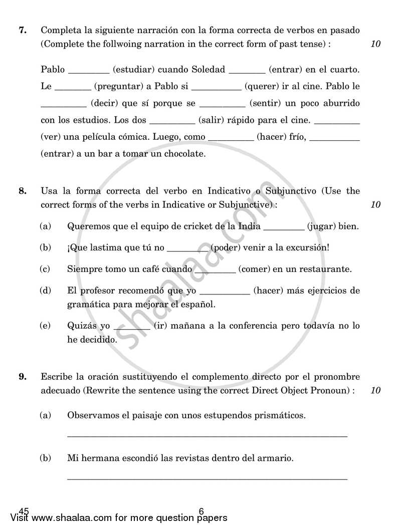 Spanish 2016-2017 Class 10 - CBSE (Central Board of Secondary Education) question paper with PDF download