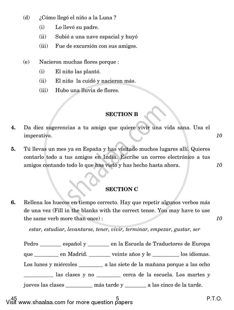 Spanish 2016-2017 Class 10 - CBSE (Central Board of Secondary Education) question paper with PDF download