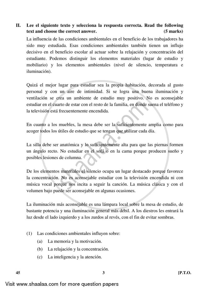 Spanish 2017-2018 Class 10 - CBSE (Central Board of Secondary Education) question paper with PDF download