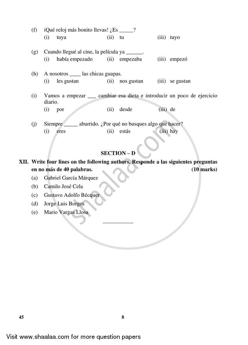 Spanish 2017-2018 Class 10 - CBSE (Central Board of Secondary Education) question paper with PDF download