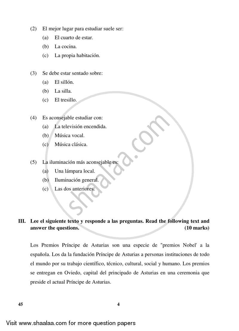 Spanish 2017-2018 Class 10 - CBSE (Central Board of Secondary Education) question paper with PDF download
