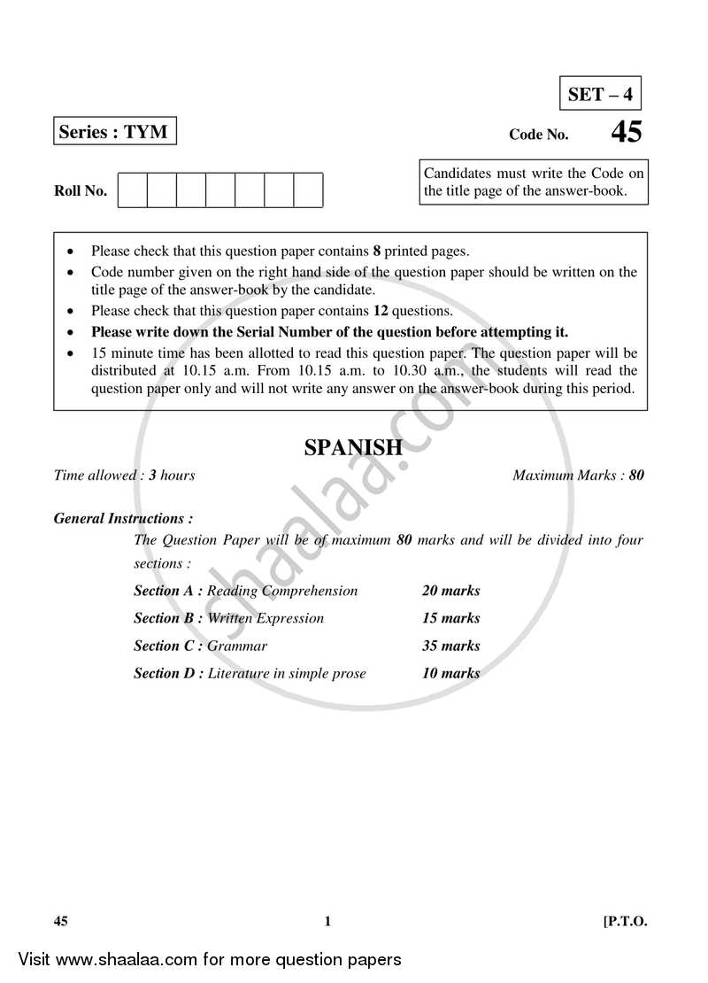 Spanish 2017-2018 Class 10 - CBSE (Central Board of Secondary Education) question paper with PDF download