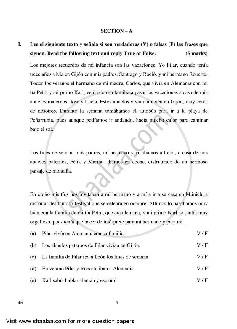 Spanish 2017-2018 Class 10 - CBSE (Central Board of Secondary Education) question paper with PDF download