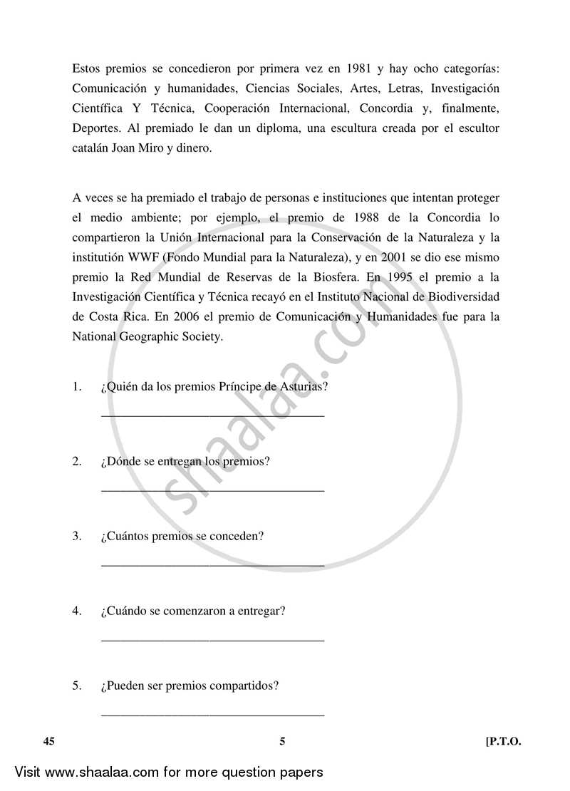 Spanish 2017-2018 Class 10 - CBSE (Central Board of Secondary Education) question paper with PDF download