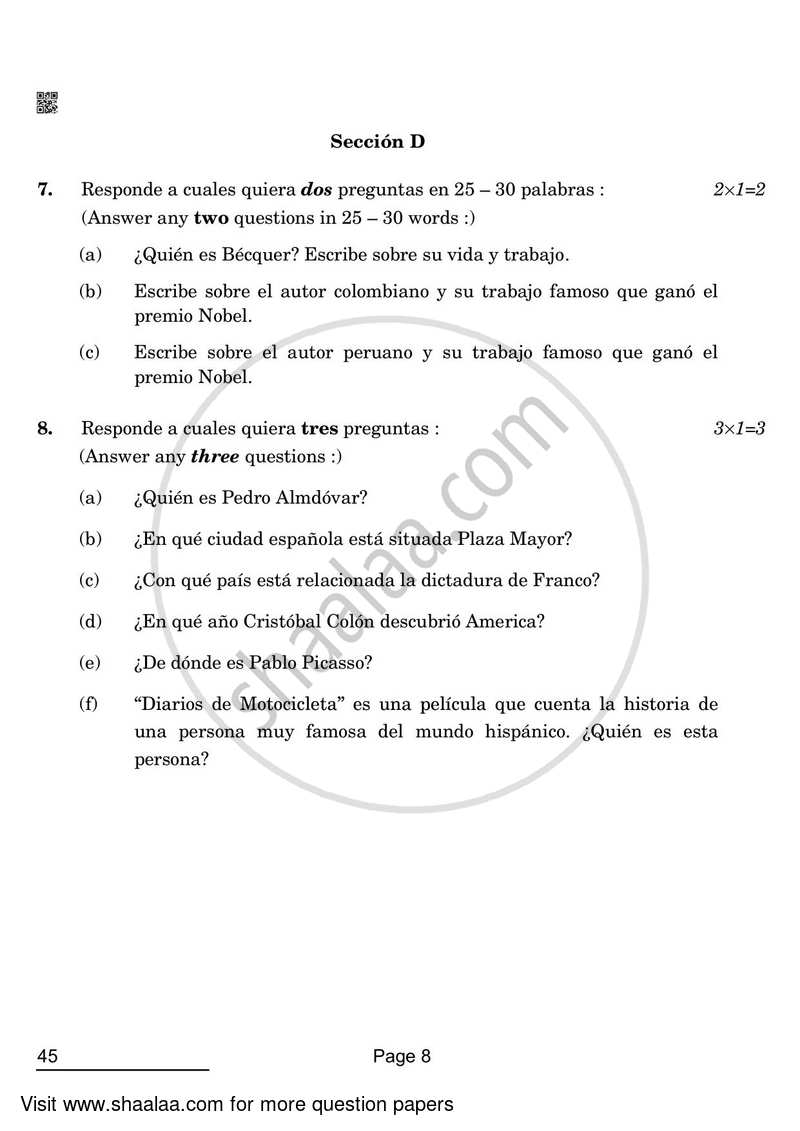 Spanish 2021-2022 Class 10 - CBSE (Central Board of Secondary Education) question paper with PDF download