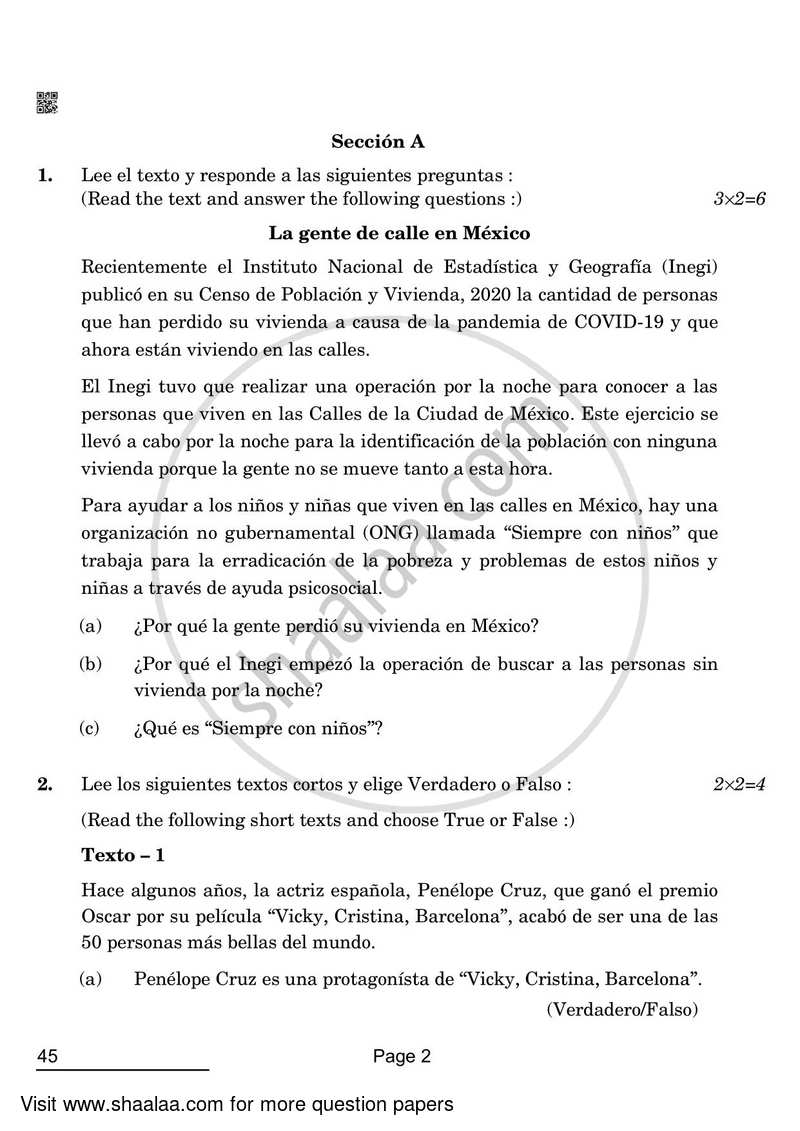 Spanish 2021-2022 Class 10 - CBSE (Central Board of Secondary Education) question paper with PDF download