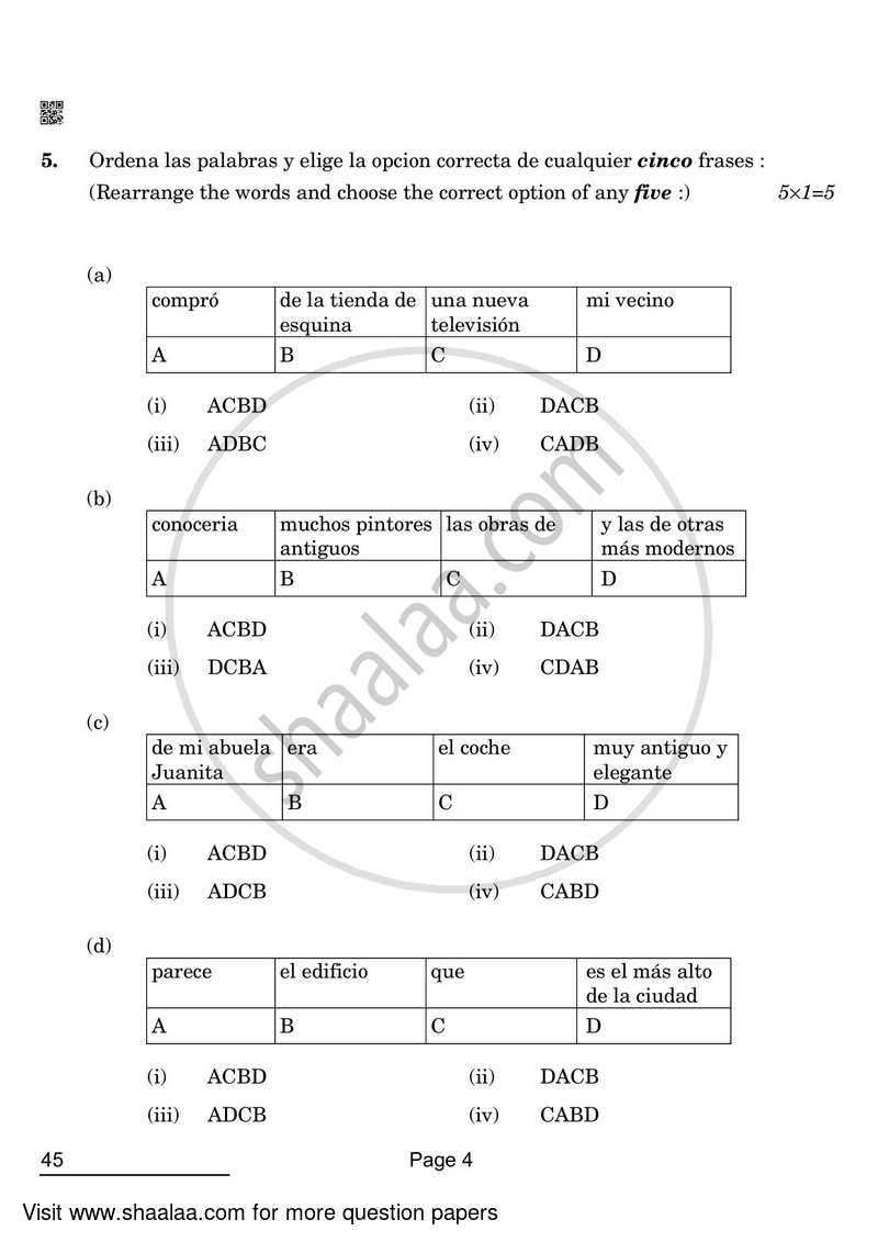 Spanish 2021-2022 Class 10 - CBSE (Central Board of Secondary Education) question paper with PDF download