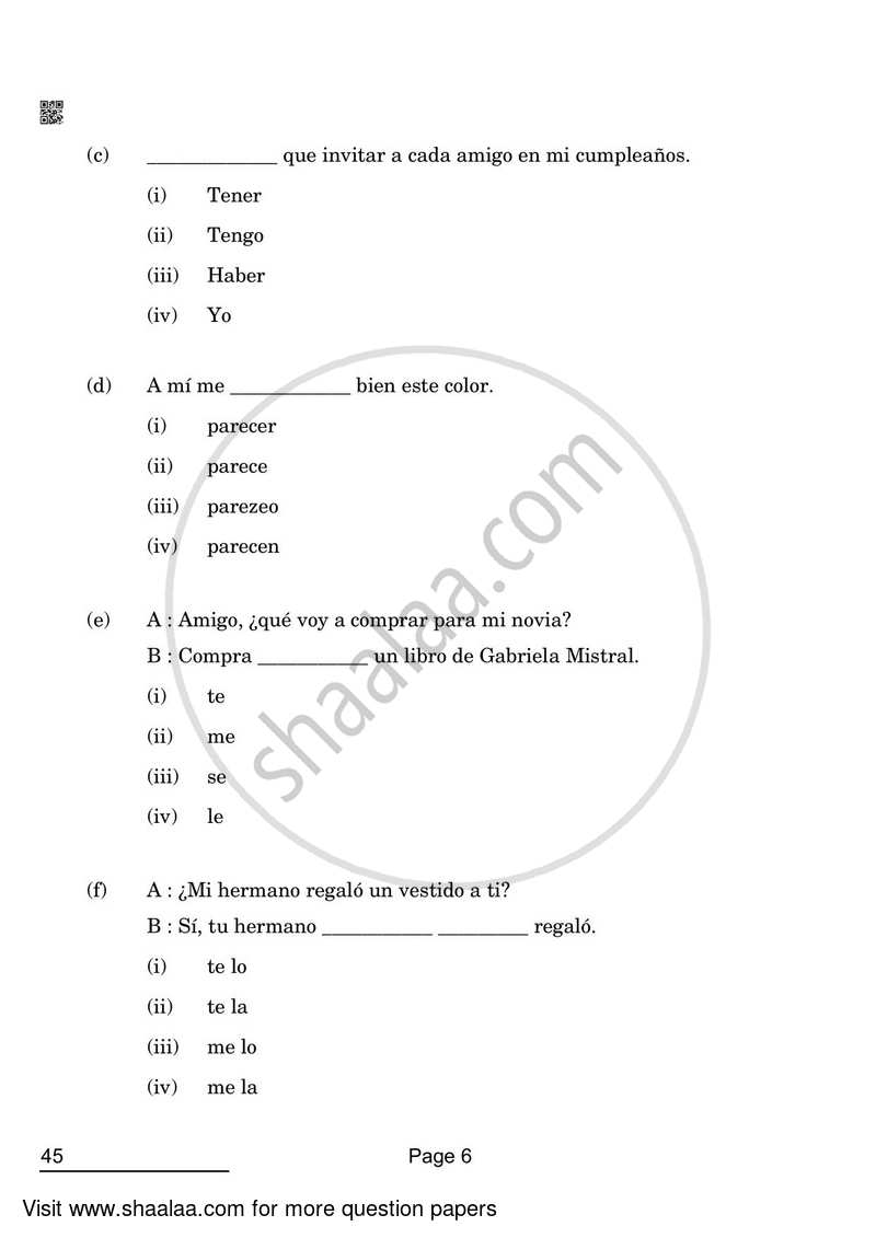 Spanish 2021-2022 Class 10 - CBSE (Central Board of Secondary Education) question paper with PDF download