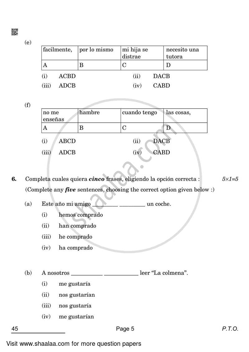 Spanish 2021-2022 Class 10 - CBSE (Central Board of Secondary Education) question paper with PDF download
