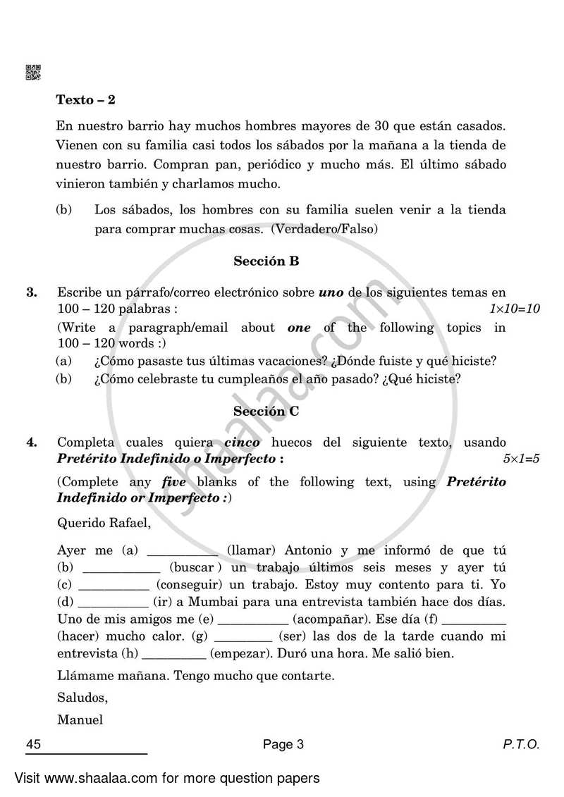 Spanish 2021-2022 Class 10 - CBSE (Central Board of Secondary Education) question paper with PDF download