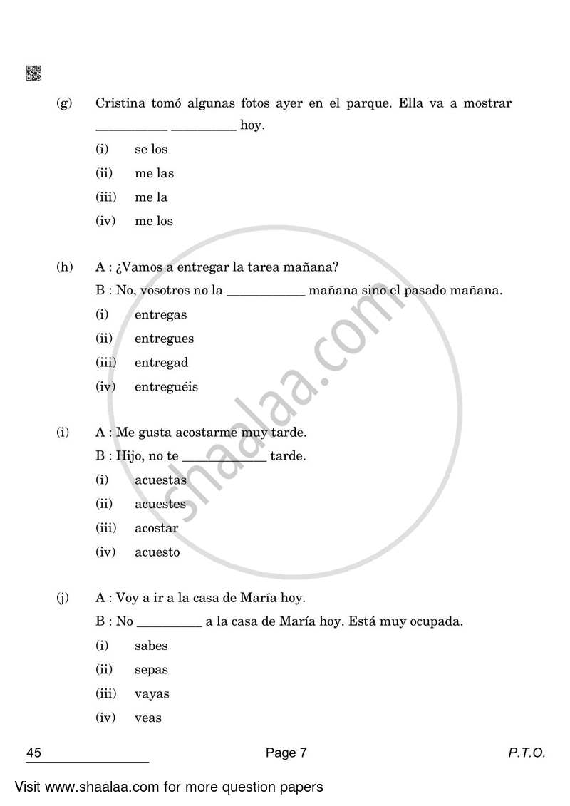 Spanish 2021-2022 Class 10 - CBSE (Central Board of Secondary Education) question paper with PDF download