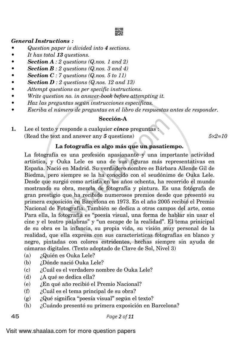 Spanish 2022-2023 Class 10 - CBSE (Central Board of Secondary Education) question paper with PDF download