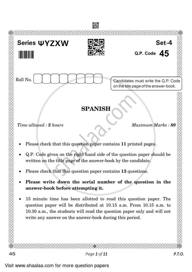 Spanish 2022-2023 Class 10 - CBSE (Central Board of Secondary Education) question paper with PDF download