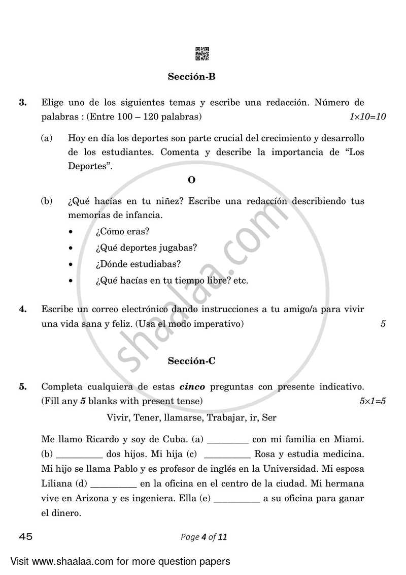Spanish 2022-2023 Class 10 - CBSE (Central Board of Secondary Education) question paper with PDF download