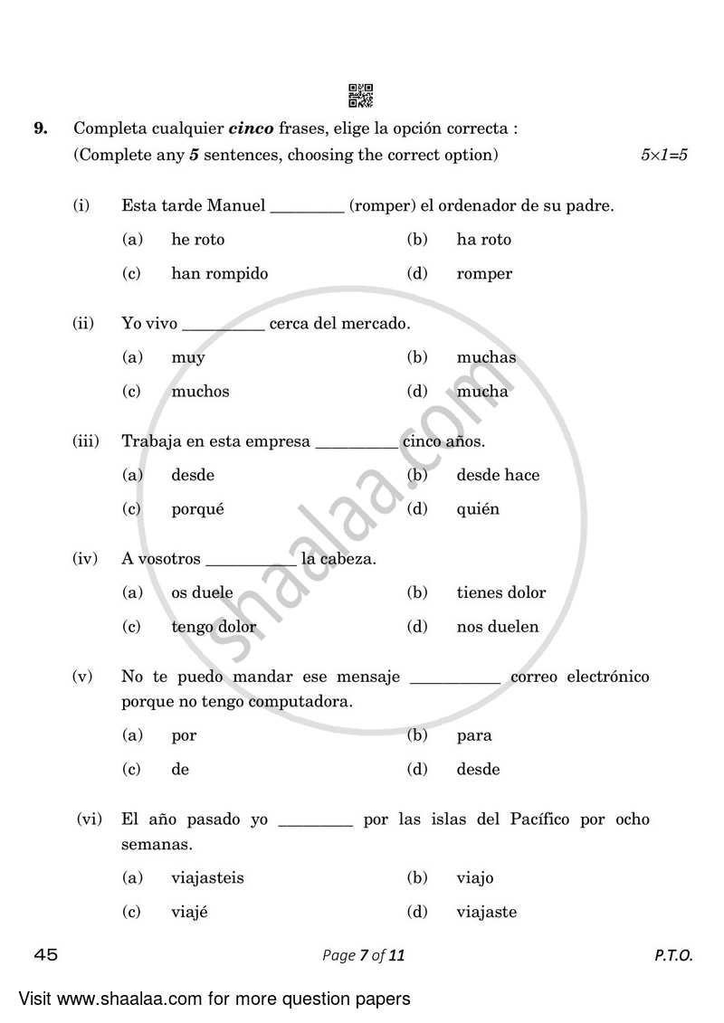 Spanish 2022-2023 Class 10 - CBSE (Central Board of Secondary Education) question paper with PDF download