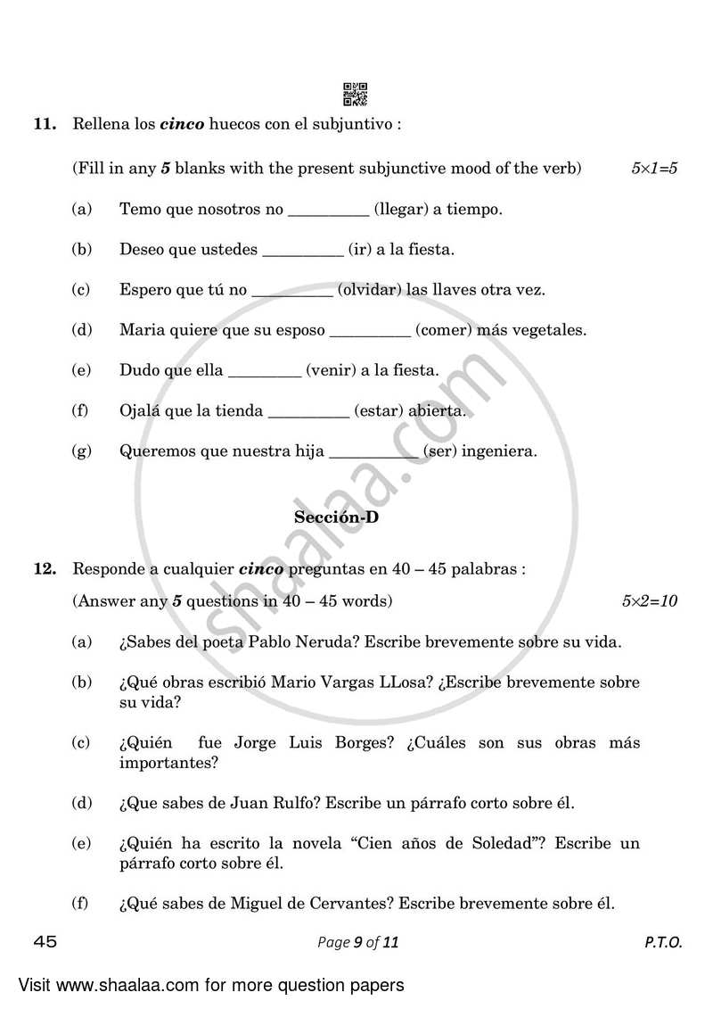 Spanish 2022-2023 Class 10 - CBSE (Central Board of Secondary Education) question paper with PDF download