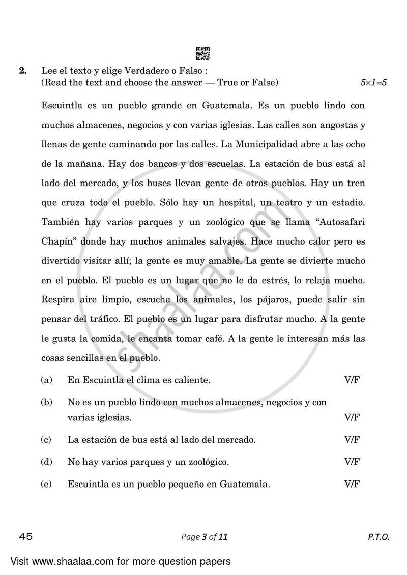 Spanish 2022-2023 Class 10 - CBSE (Central Board of Secondary Education) question paper with PDF download