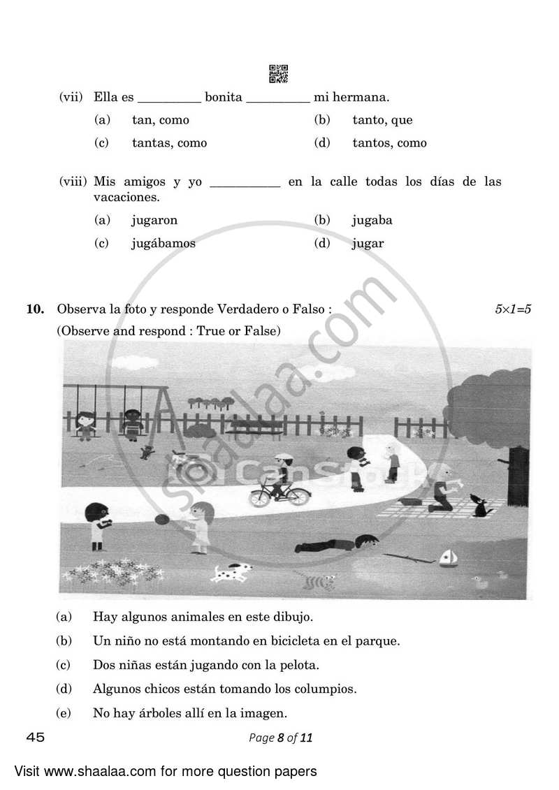 Spanish 2022-2023 Class 10 - CBSE (Central Board of Secondary Education) question paper with PDF download