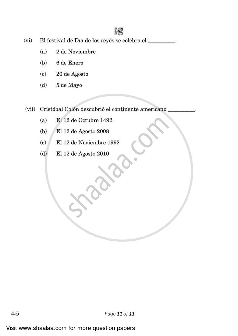 Spanish 2022-2023 Class 10 - CBSE (Central Board of Secondary Education) question paper with PDF download