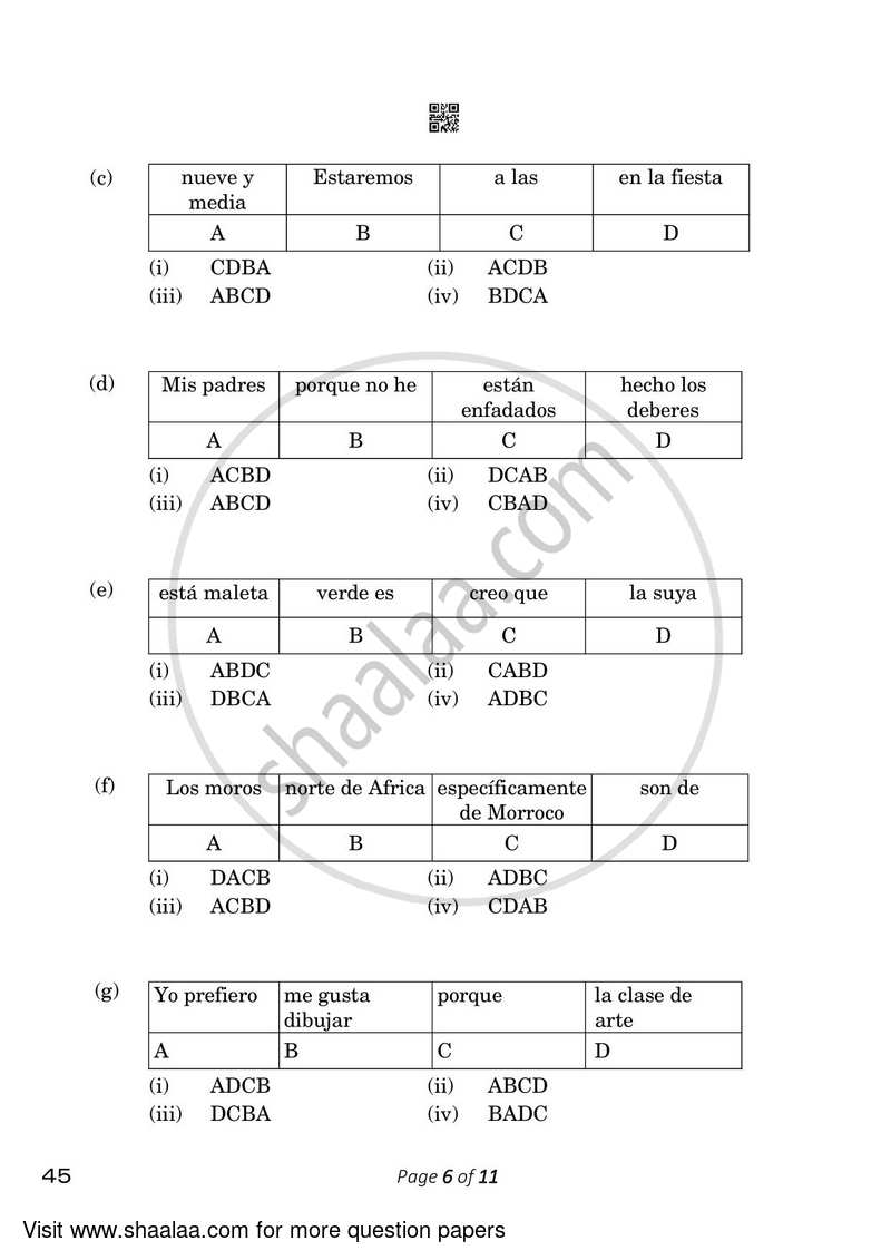 Spanish 2022-2023 Class 10 - CBSE (Central Board of Secondary Education) question paper with PDF download