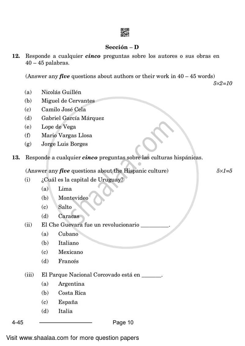 Spanish 2023-2024 Class 10 - CBSE (Central Board of Secondary Education) question paper with PDF download