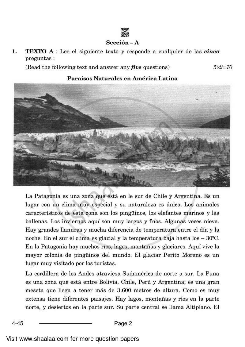 Spanish 2023-2024 Class 10 - CBSE (Central Board of Secondary Education) question paper with PDF download