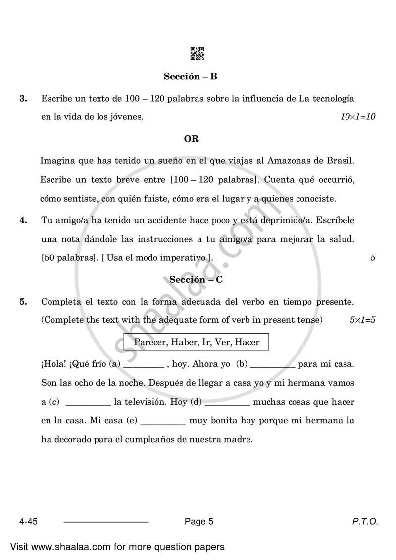 Spanish 2023-2024 Class 10 - CBSE (Central Board of Secondary Education) question paper with PDF download