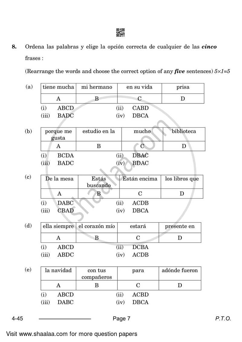 Spanish 2023-2024 Class 10 - CBSE (Central Board of Secondary Education) question paper with PDF download
