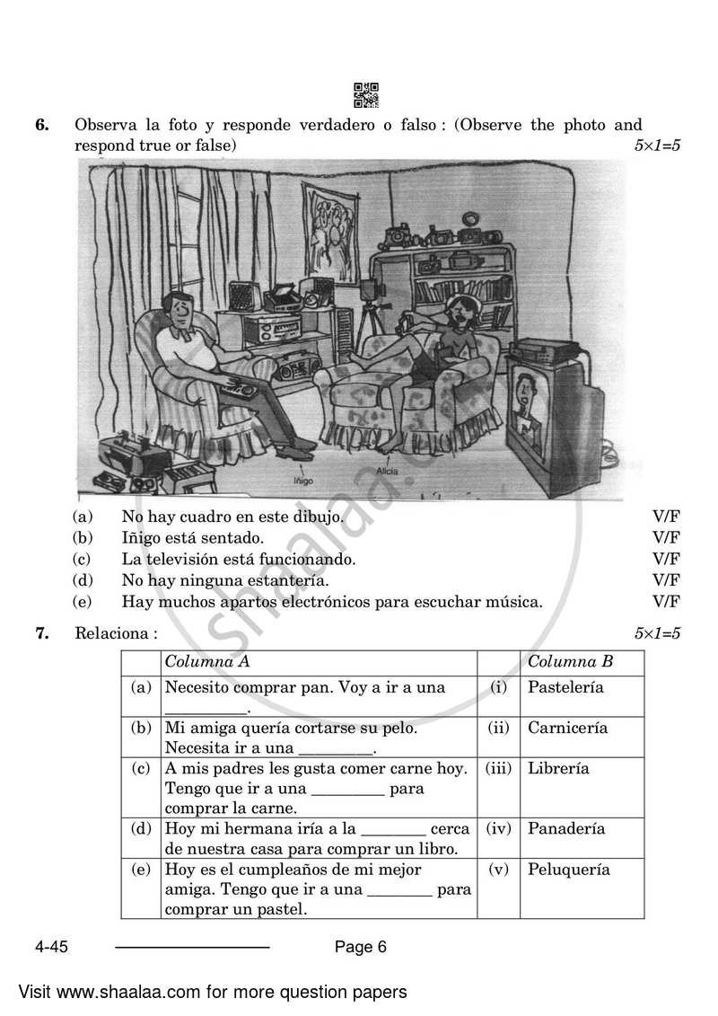 Spanish 2023-2024 Class 10 - CBSE (Central Board of Secondary Education) question paper with PDF download
