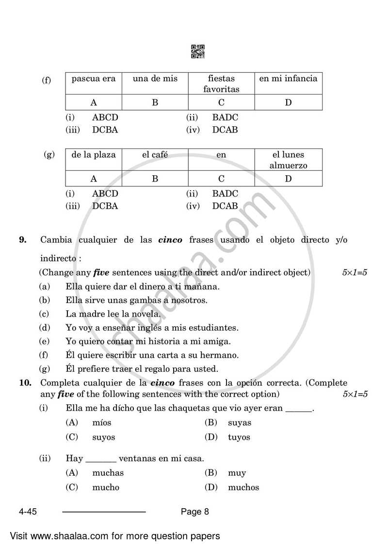 Spanish 2023-2024 Class 10 - CBSE (Central Board of Secondary Education) question paper with PDF download
