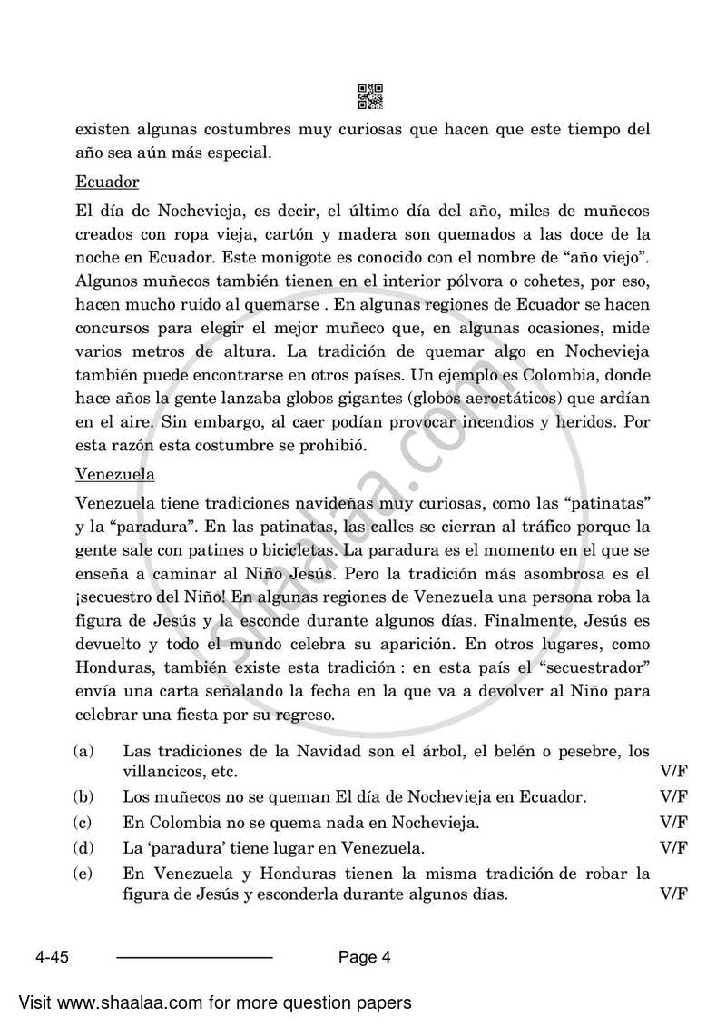 Spanish 2023-2024 Class 10 - CBSE (Central Board of Secondary Education) question paper with PDF download