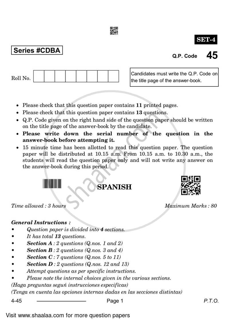 Spanish 2023-2024 Class 10 - CBSE (Central Board of Secondary Education) question paper with PDF download