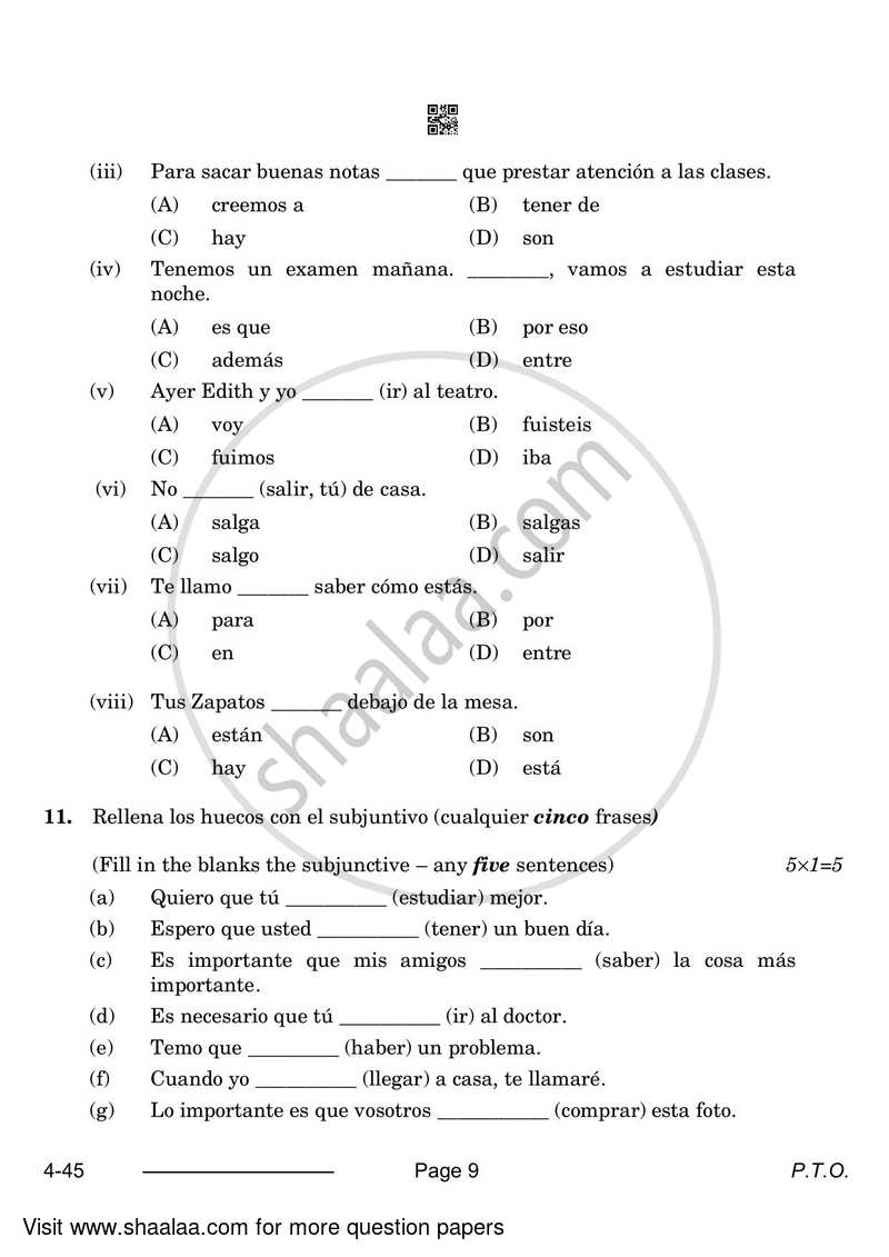 Spanish 2023-2024 Class 10 - CBSE (Central Board of Secondary Education) question paper with PDF download